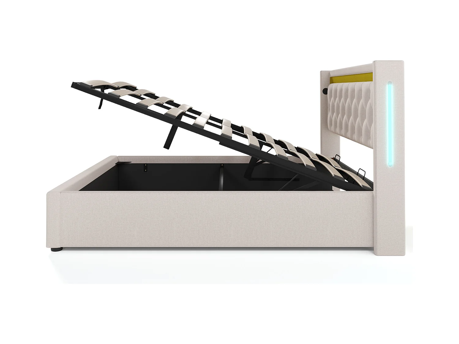 Lit coffre 160x200 cm - Lit adulte avec chargeur USB et lumière LED - beige - coton - sans matelas