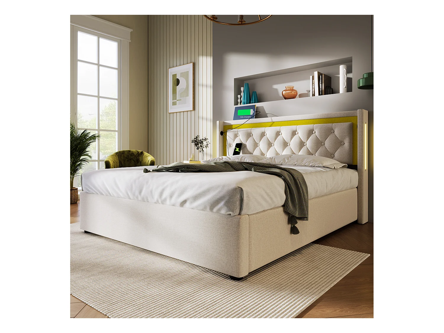 Lit coffre 160x200 cm - Lit adulte avec chargeur USB et lumière LED - beige - coton - sans matelas