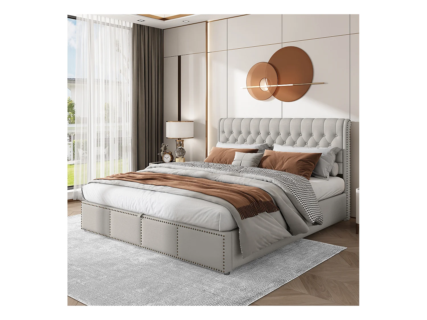 Lit coffre 180x200 cm - Lit double avec tête de lit capitonnée - décor clouté - lin gris clair - sans matelas