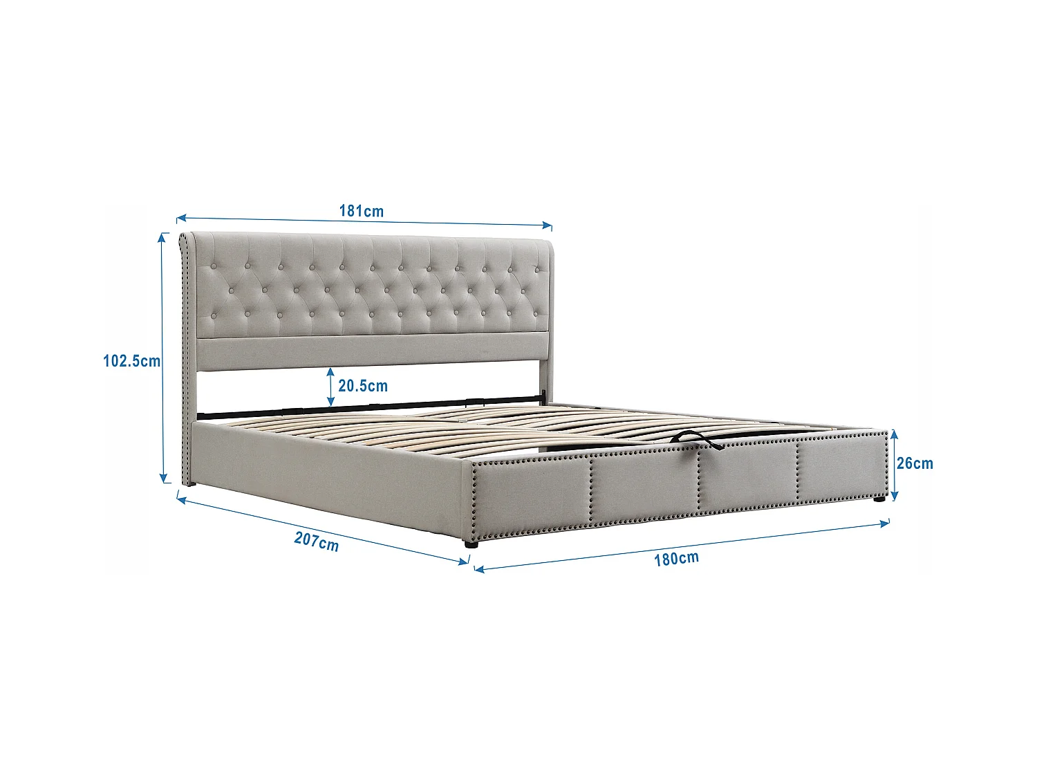 Lit coffre 180x200 cm - Lit double avec tête de lit capitonnée - décor clouté - lin gris clair - sans matelas