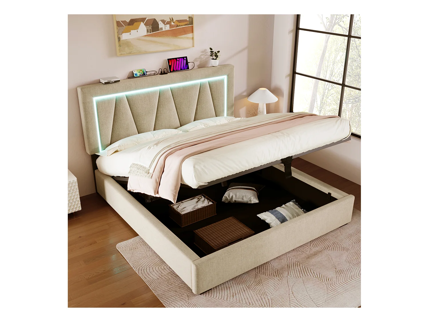Letto contenitore 140x200 cm - Letto per adulti con illuminazione a LED e ricarica USB - lino beige - senza materasso