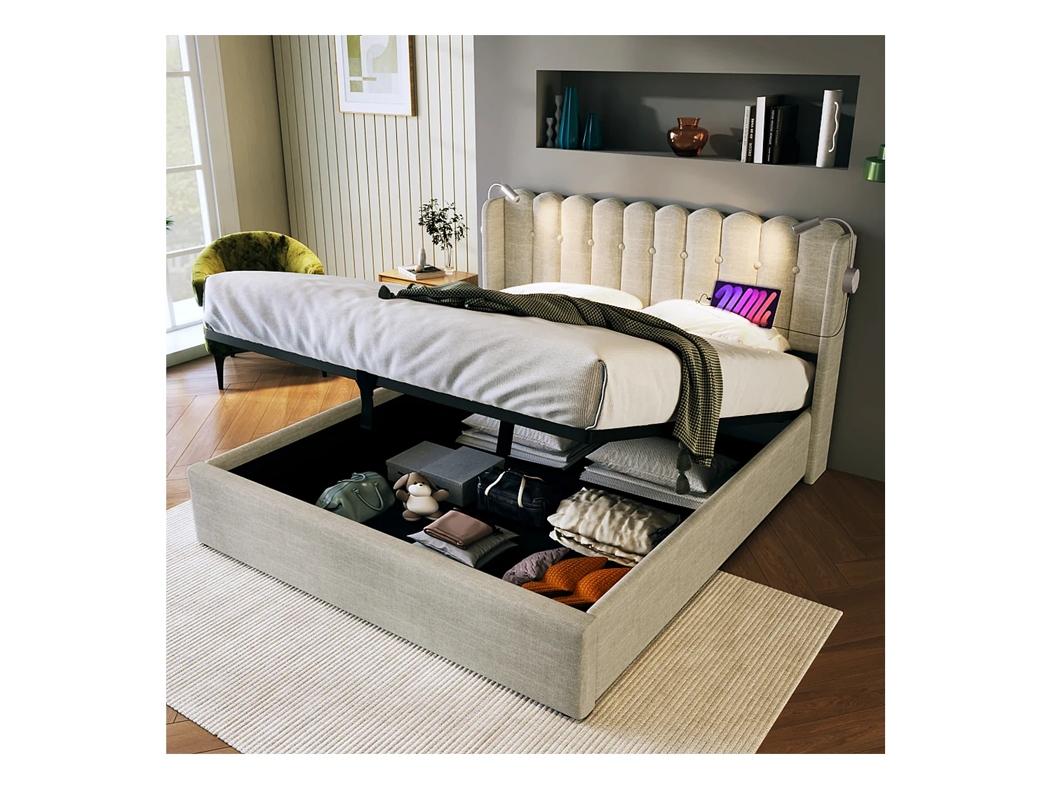 Lit coffre 160x200 cm - Lit adulte avec liseuse et fonction charge - lin - naturel - sans matelas