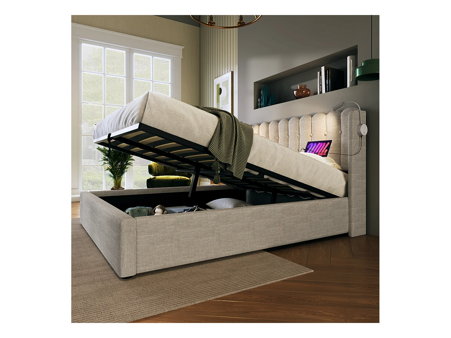 Lit coffre 160x200 cm - Lit adulte avec liseuse et fonction charge - lin - naturel - sans matelas