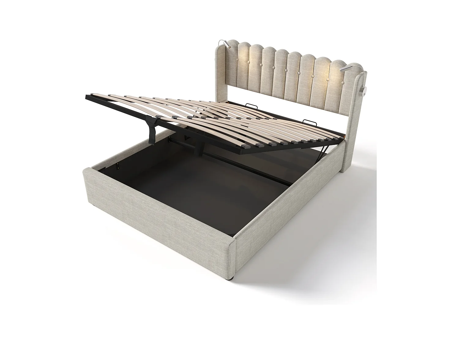 Lit coffre 160x200 cm - Lit adulte avec liseuse et fonction charge - lin - naturel - sans matelas