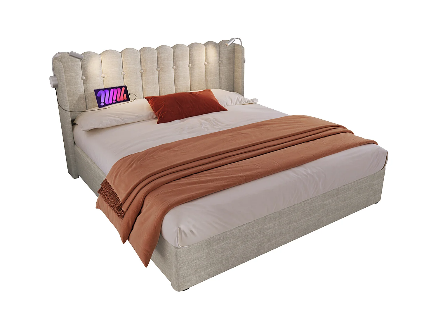 Lit coffre 160x200 cm - Lit adulte avec liseuse et fonction charge - lin - naturel - sans matelas