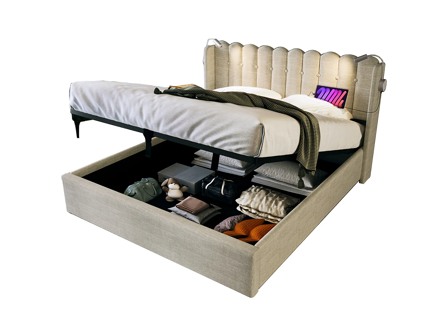 Lit coffre 160x200 cm - Lit adulte avec liseuse et fonction charge - lin - naturel - sans matelas