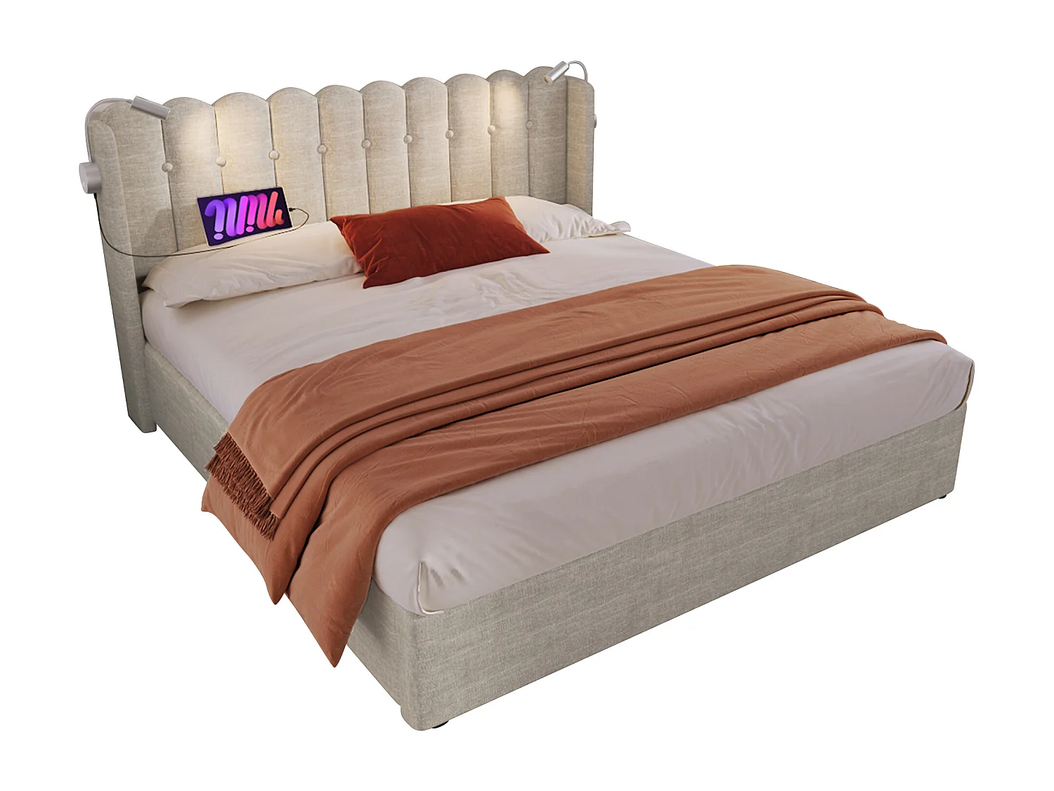 Lit coffre 160x200 cm - Lit adulte avec liseuse et fonction charge - lin - naturel - sans matelas
