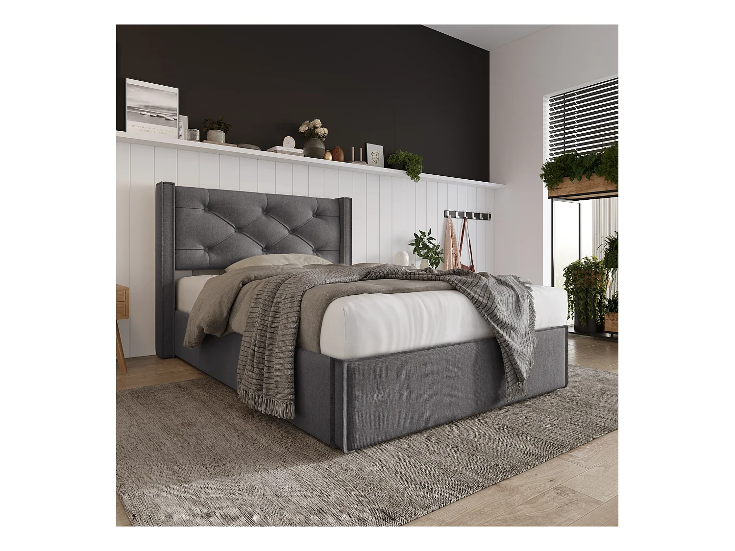 Lit coffre 90x200 cm - Lit simple avec sommier à lattes métalliques - gris - coton - sans matelas
