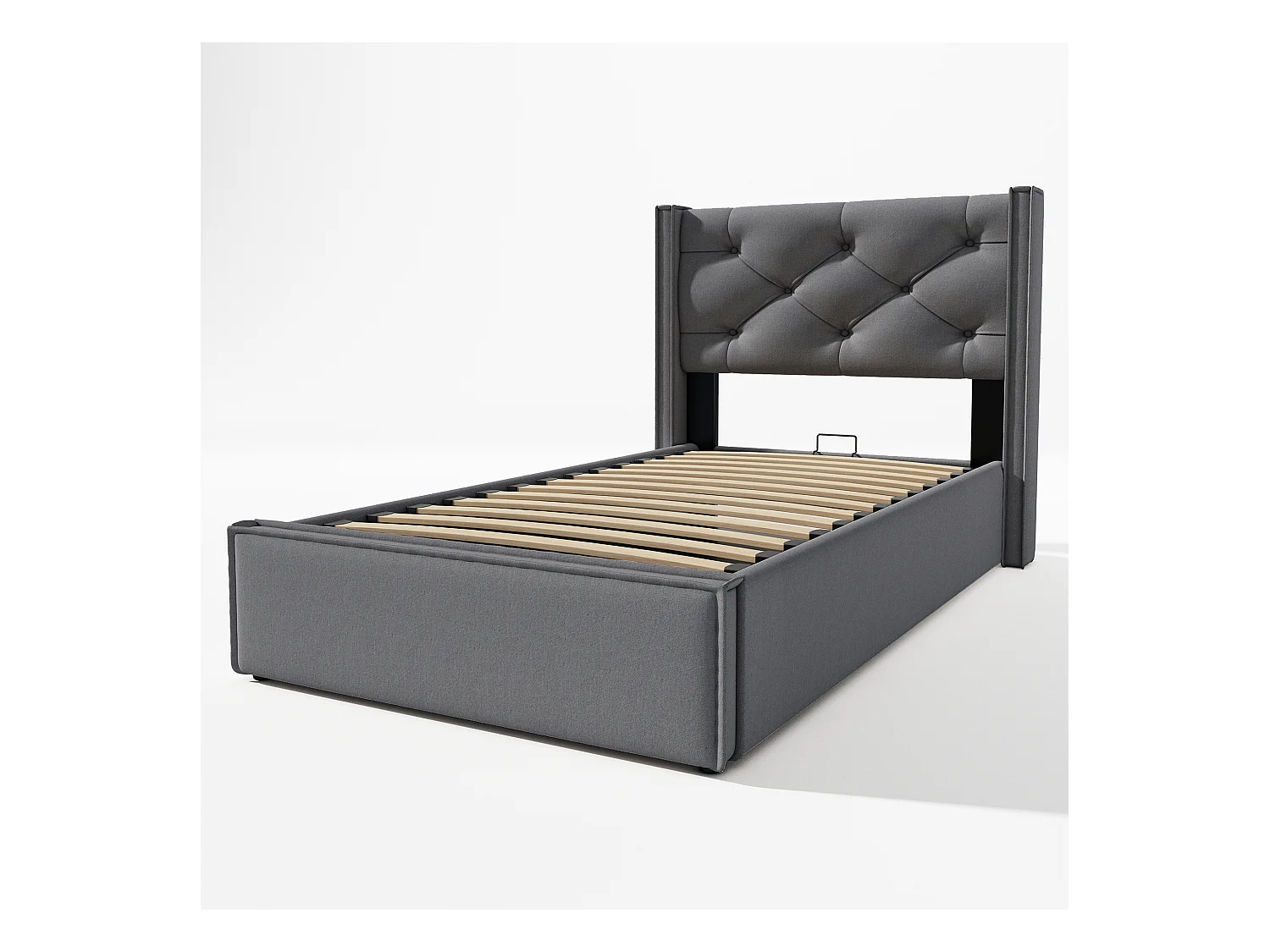 Lit coffre 90x200 cm - Lit simple avec sommier à lattes métalliques - gris - coton - sans matelas