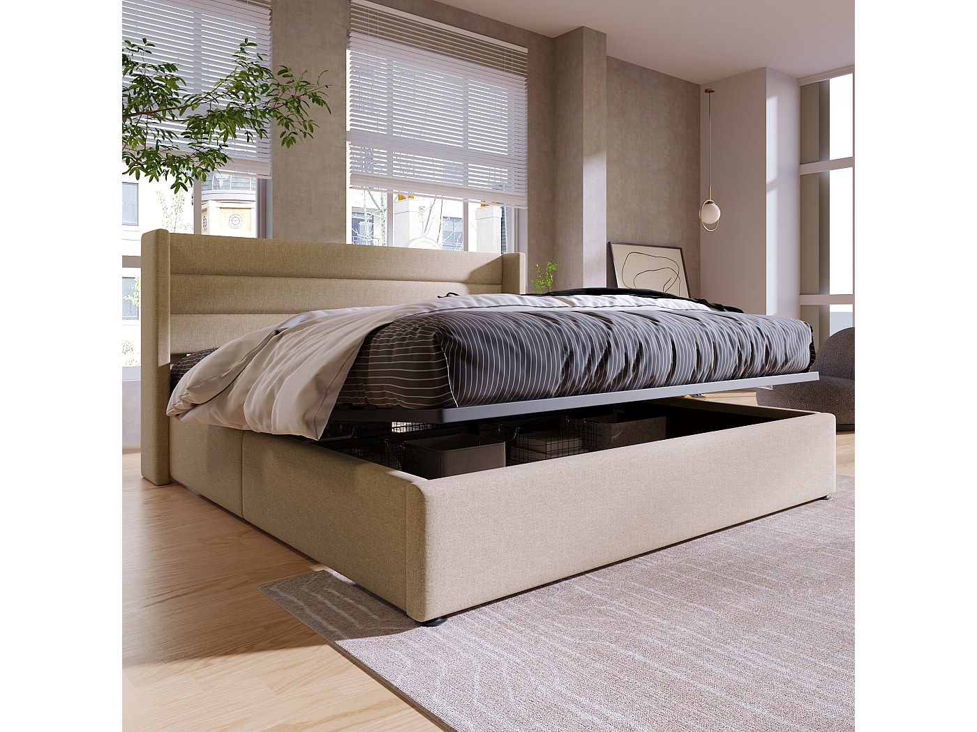 Cama Tapizada De 160x200 Cm Con Almacenaje - Cama Doble Con Cabecero Y Somier De Láminas - Lino