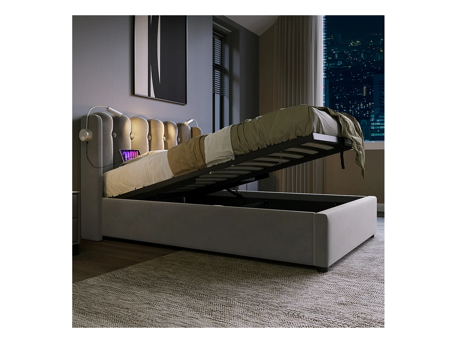 Lit coffre 90x200 cm - Lit simple avec fonction charge et liseuse - velours gris - sans matelas