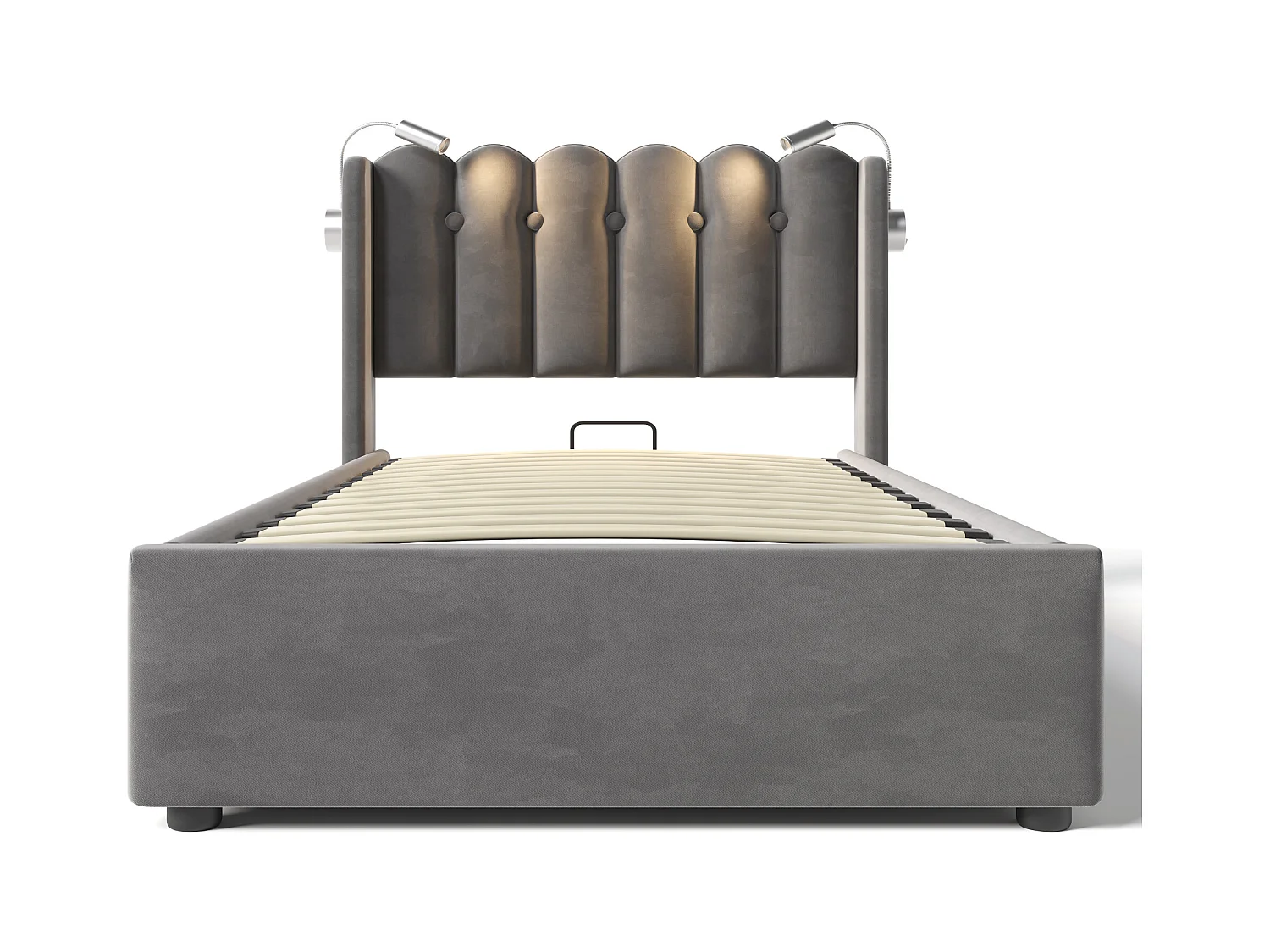 Lit coffre 90x200 cm - Lit simple avec fonction charge et liseuse - velours gris - sans matelas