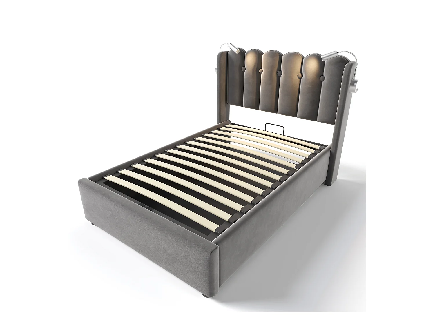 Lit coffre 90x200 cm - Lit simple avec fonction charge et liseuse - velours gris - sans matelas