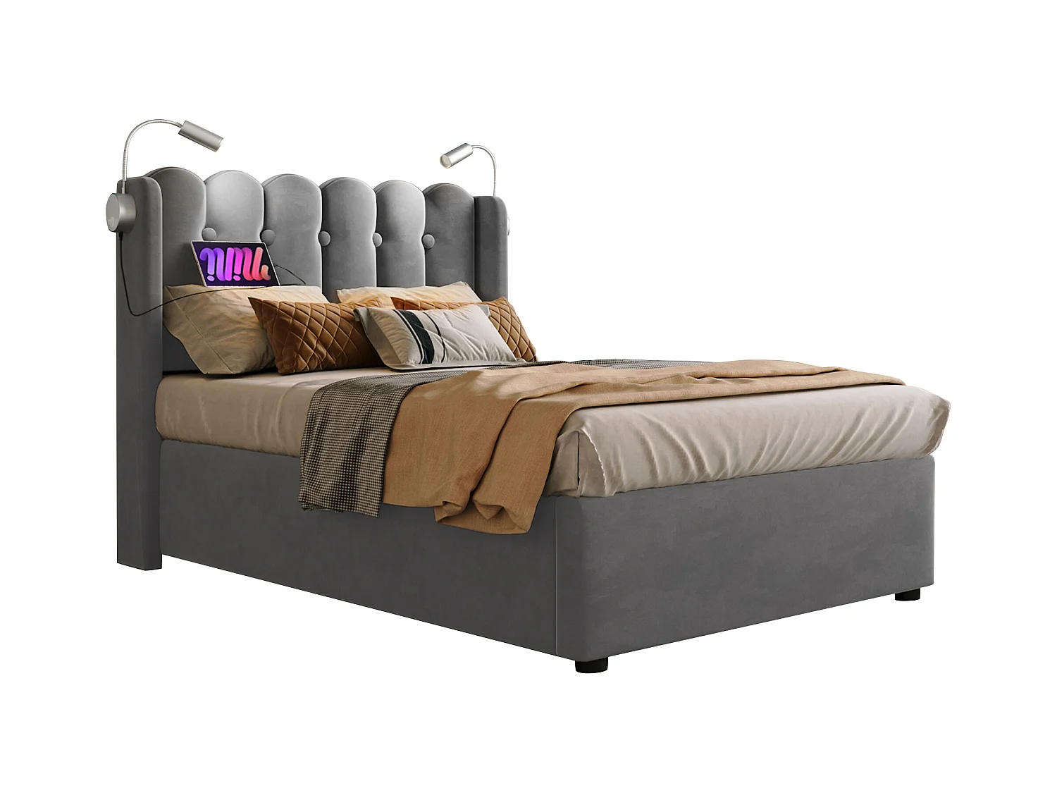 Lit coffre 90x200 cm - Lit simple avec fonction charge et liseuse - velours gris - sans matelas