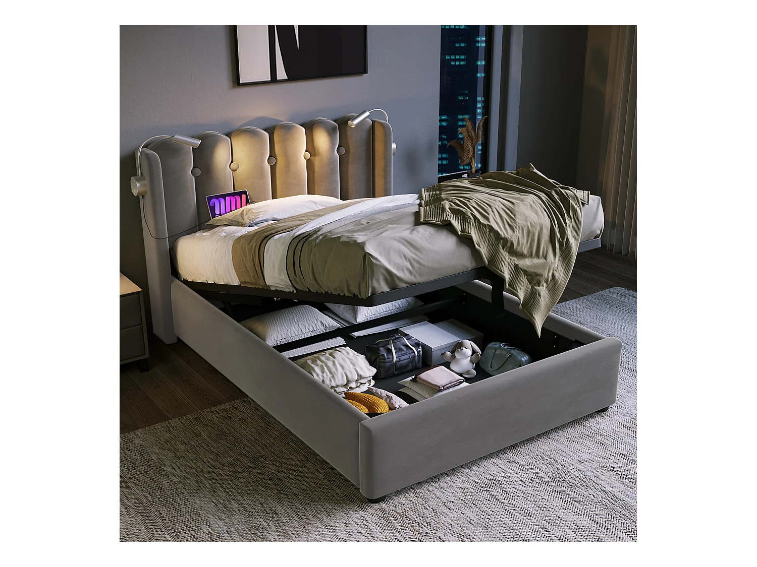 Lit coffre 90x200 cm - Lit simple avec fonction charge et liseuse - velours gris - sans matelas