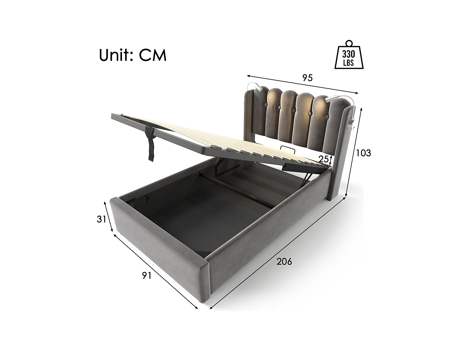 Lit coffre 90x200 cm - Lit simple avec fonction charge et liseuse - velours gris - sans matelas