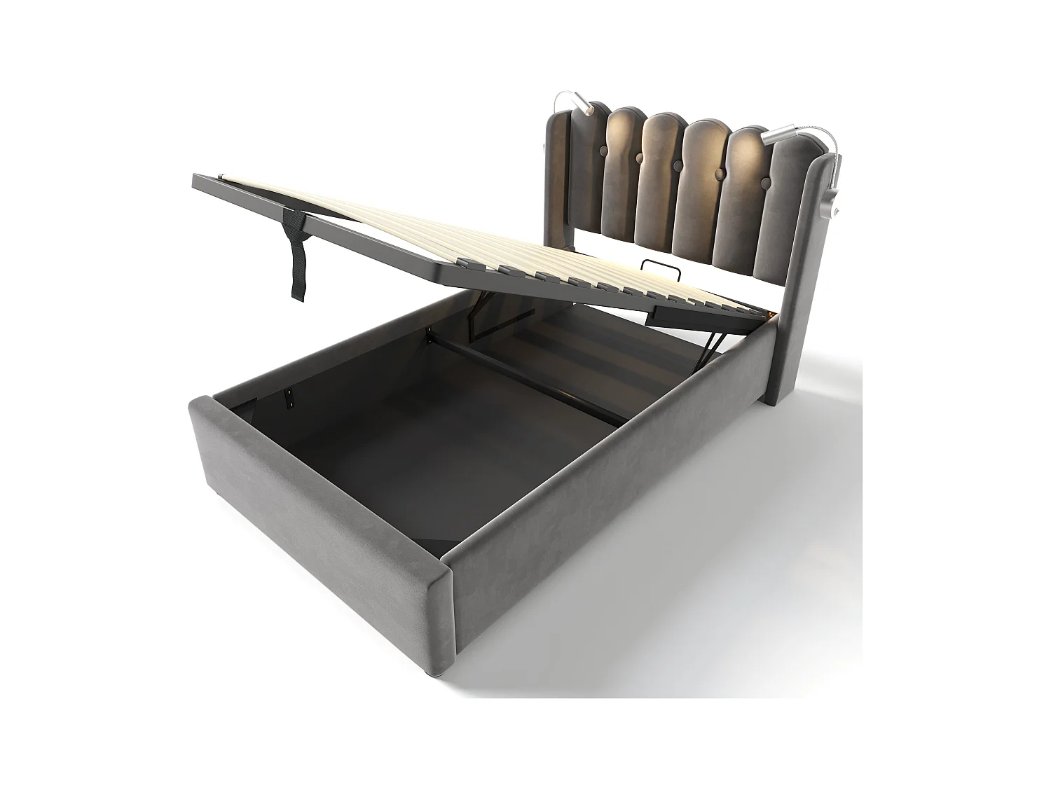 Lit coffre 90x200 cm - Lit simple avec fonction charge et liseuse - velours gris - sans matelas