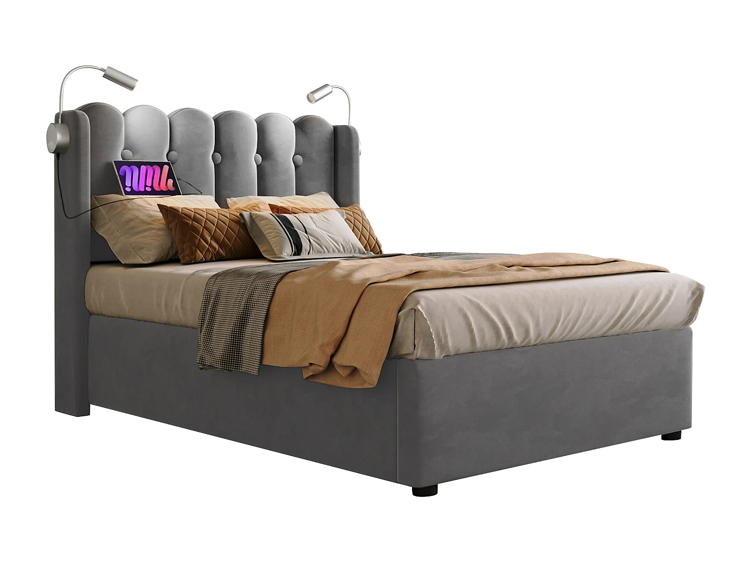 Lit coffre 90x200 cm - Lit simple avec fonction charge et liseuse - velours gris - sans matelas