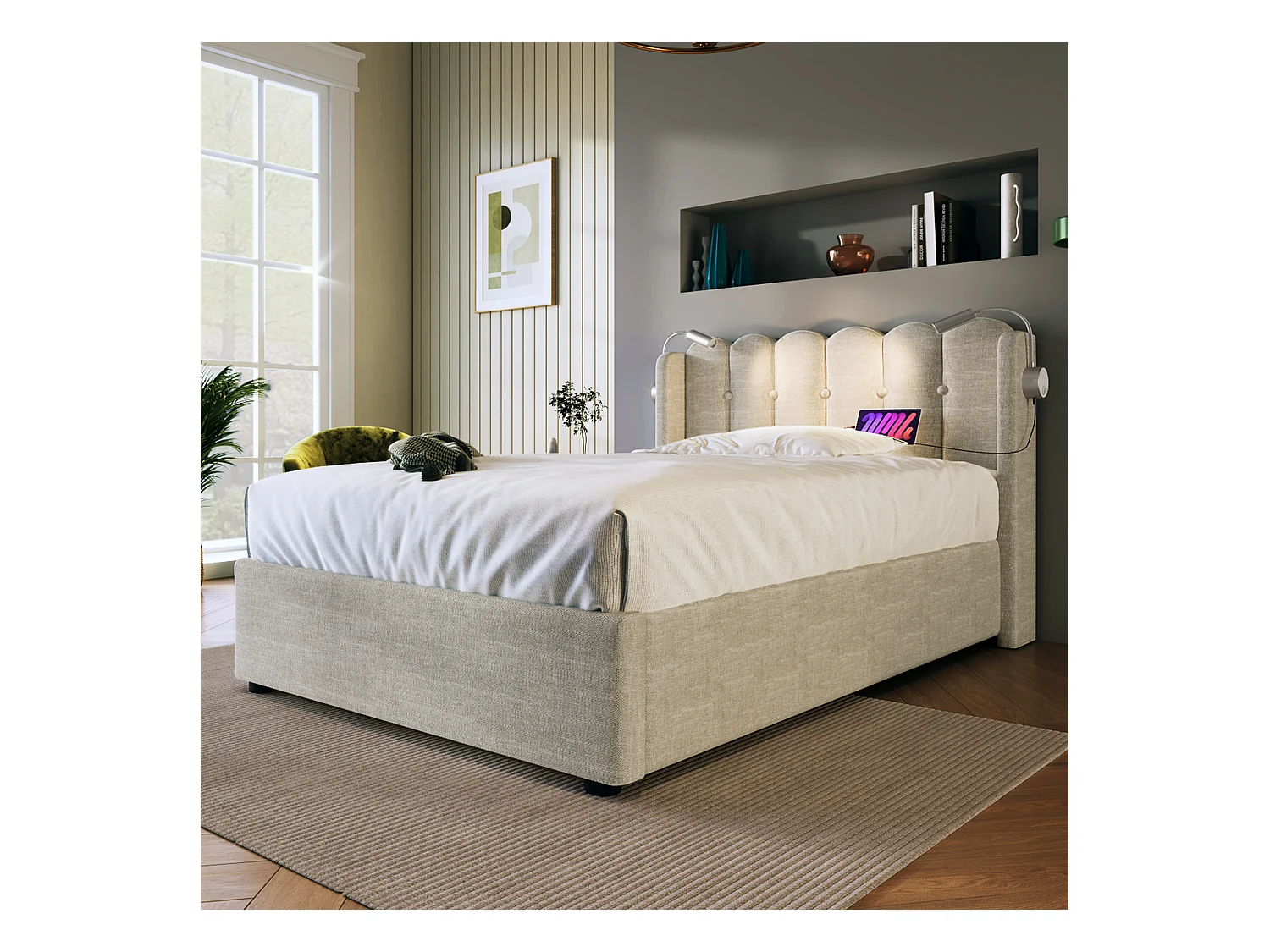 Lit coffre 90x200 cm - Lit simple avec fonction charge et liseuse - naturel - lin - sans matelas