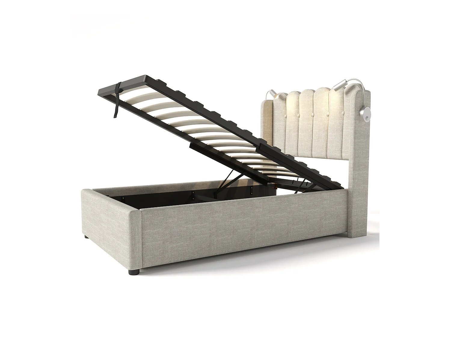 Lit coffre 90x200 cm - Lit simple avec fonction charge et liseuse - naturel - lin - sans matelas