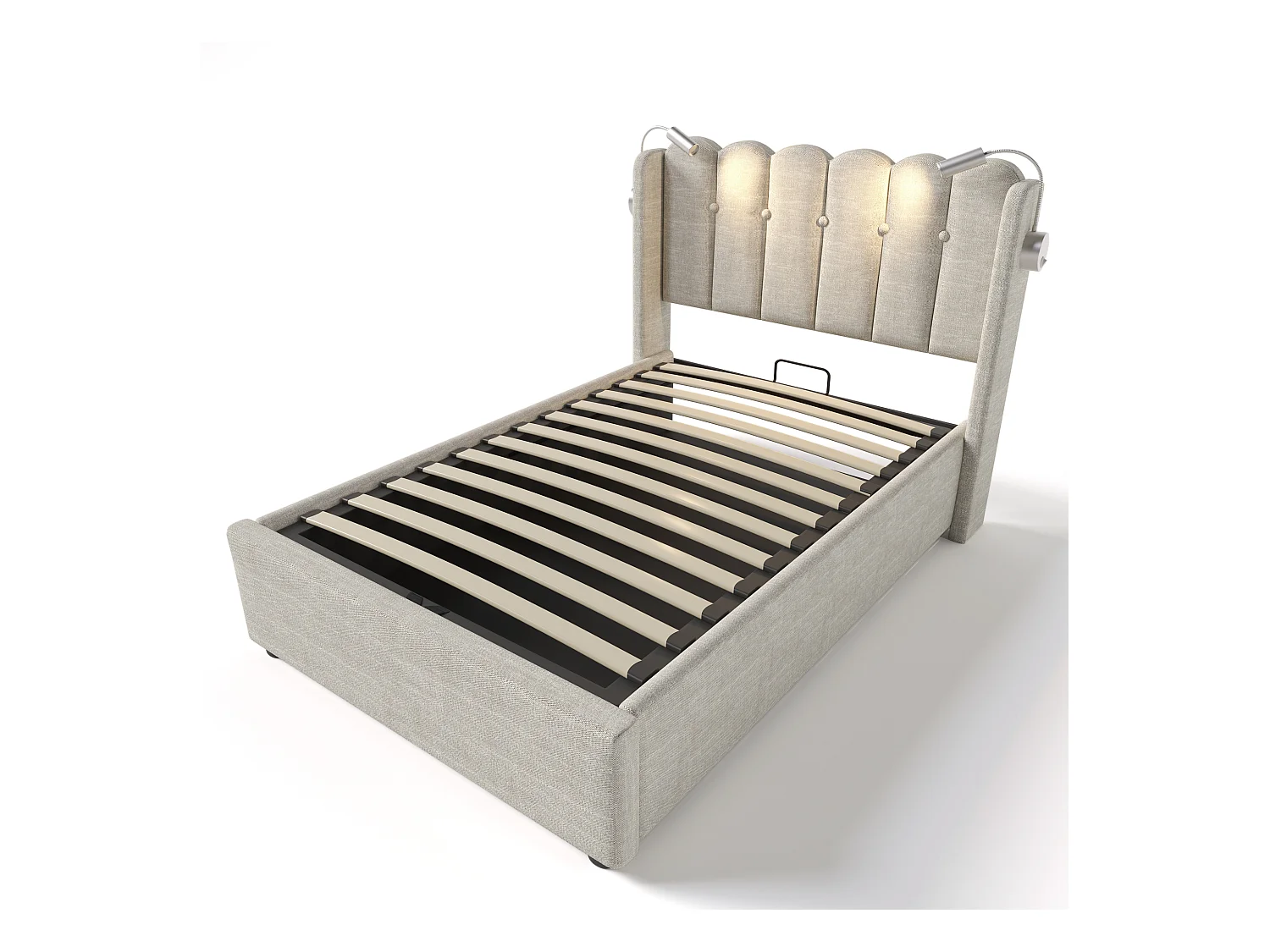 Lit coffre 90x200 cm - Lit simple avec fonction charge et liseuse - naturel - lin - sans matelas