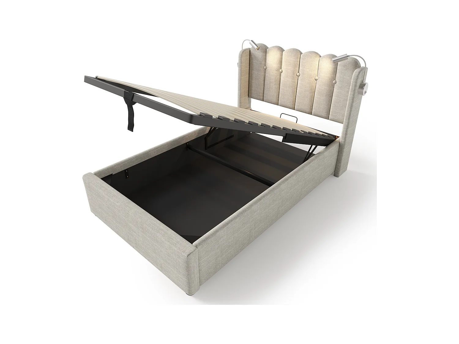 Lit coffre 90x200 cm - Lit simple avec fonction charge et liseuse - naturel - lin - sans matelas