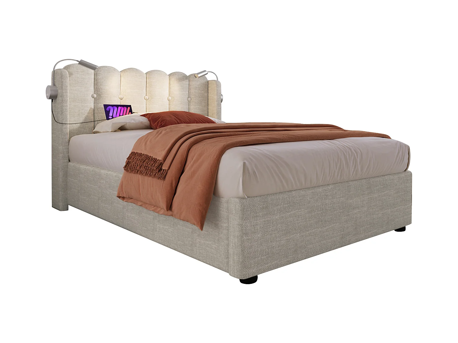 Lit coffre 90x200 cm - Lit simple avec fonction charge et liseuse - naturel - lin - sans matelas