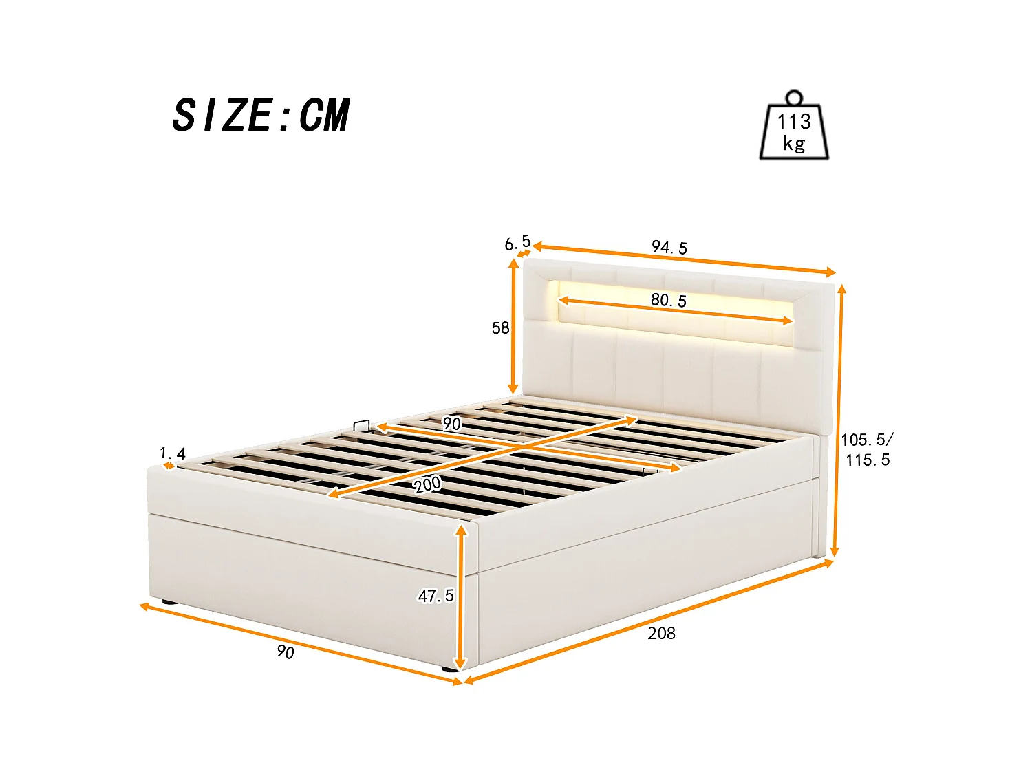 Lit coffre 90x200 cm - Lit enfant avec éclairage LED - tête de lit réglable - velours beige - sans matelas