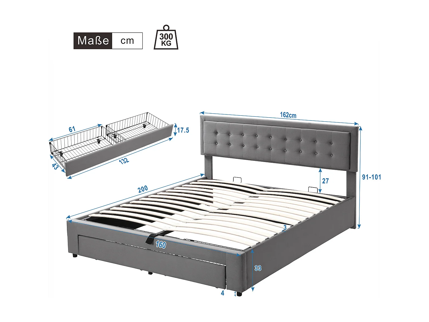 Lit coffre 160x200 cm - Lit adulte avec tiroirs et tête de lit réglable - velours gris - sans matelas