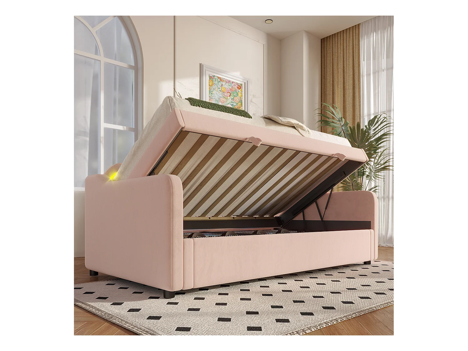 Lit coffre 90x200 cm - Lit enfant avec bande lumineuse LED changeante de couleur - velours rose - sans matelas