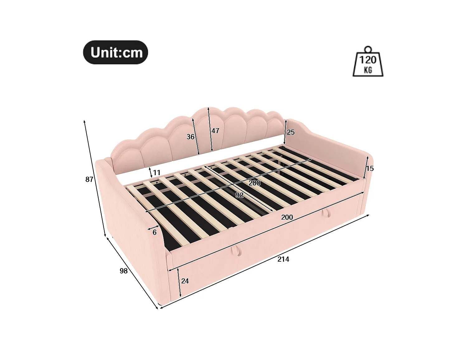 Lit coffre 90x200 cm - Lit enfant avec bande lumineuse LED changeante de couleur - velours rose - sans matelas