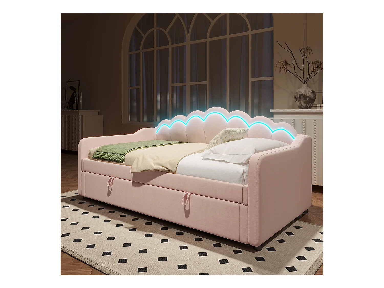 Lit coffre 90x200 cm - Lit enfant avec bande lumineuse LED changeante de couleur - velours rose - sans matelas