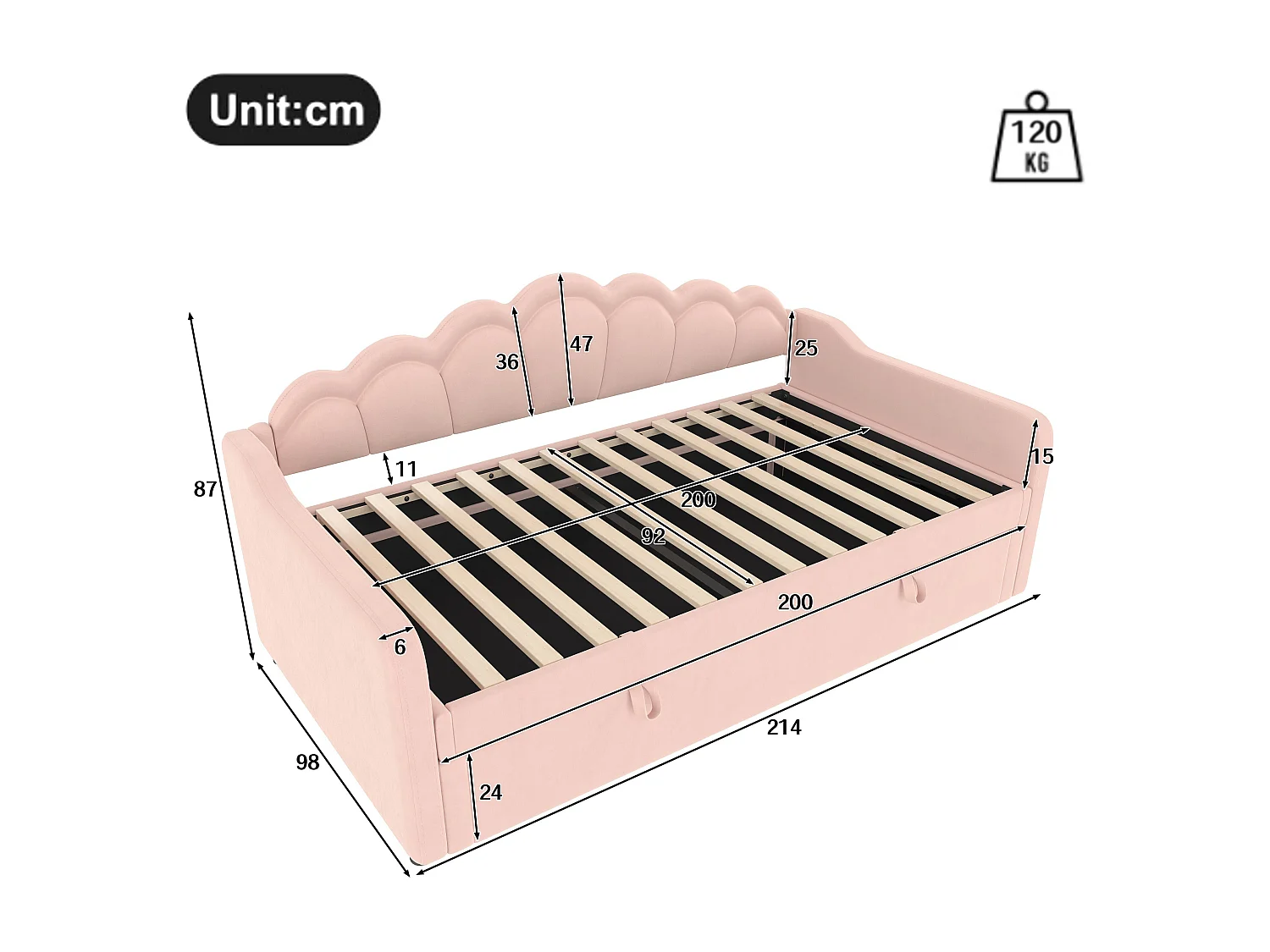 Lit coffre 90x200 cm - Lit enfant avec bande lumineuse LED changeante de couleur - velours rose - sans matelas