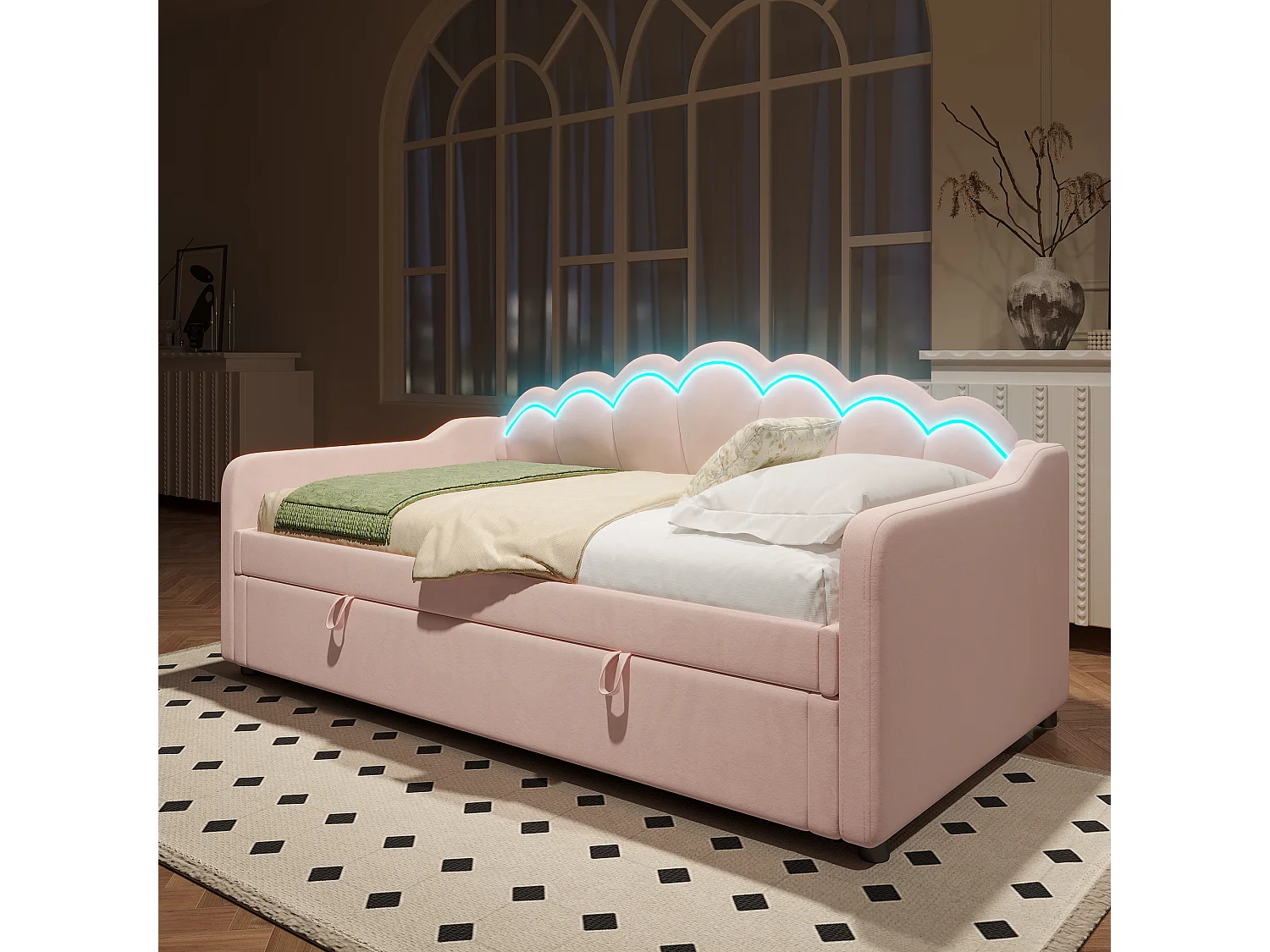 Lit coffre 90x200 cm - Lit enfant avec bande lumineuse LED changeante de couleur - velours rose - sans matelas