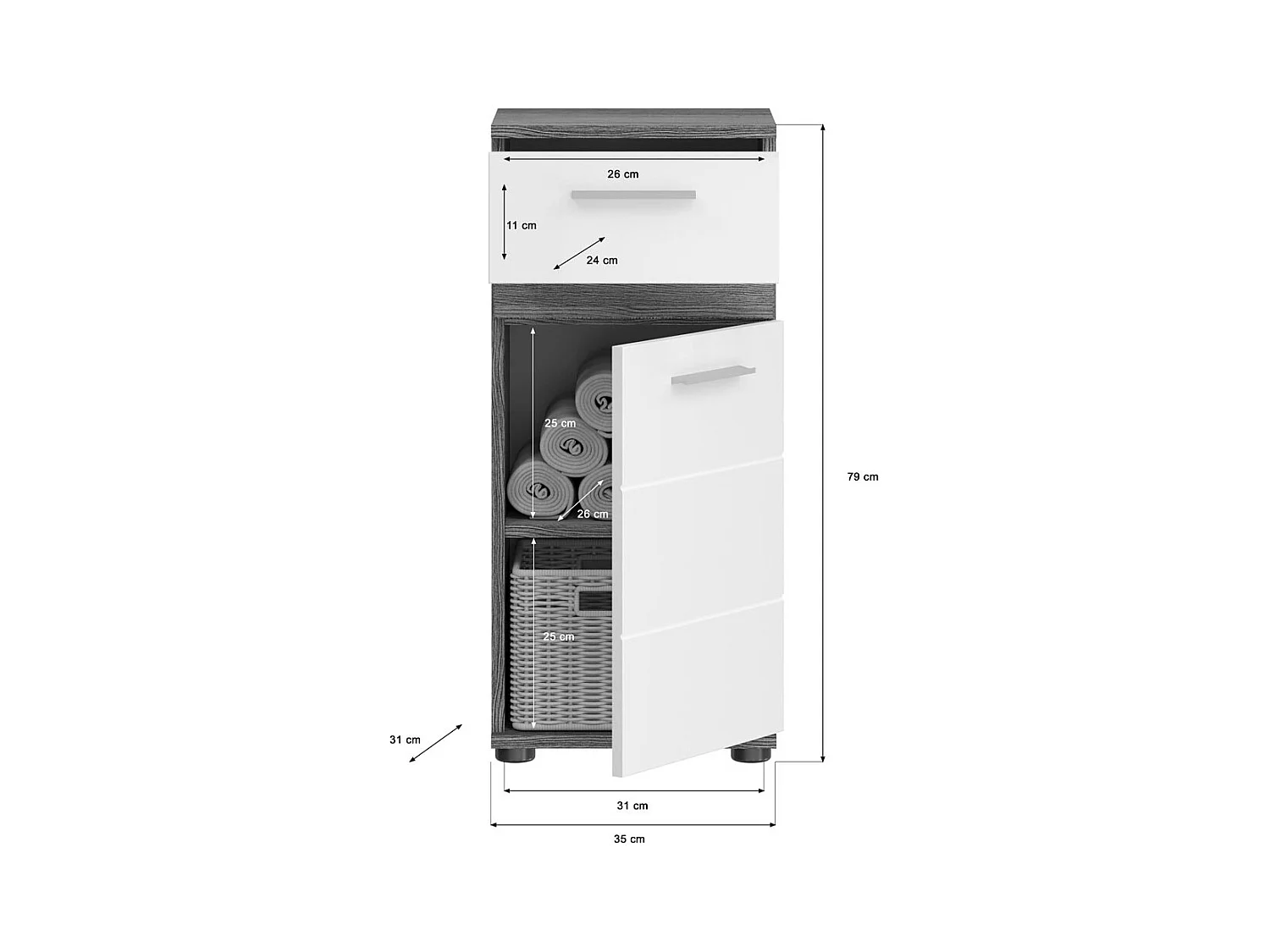 Blake Badschrank 1 Tür, 1 Schublade Hochglanz weiß,rauchfarbenen.