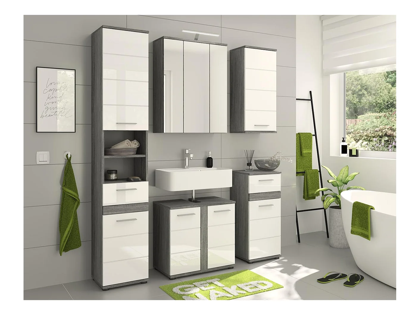 Blake Badschrank 1 Tür, 1 Schublade Hochglanz weiß,rauchfarbenen.