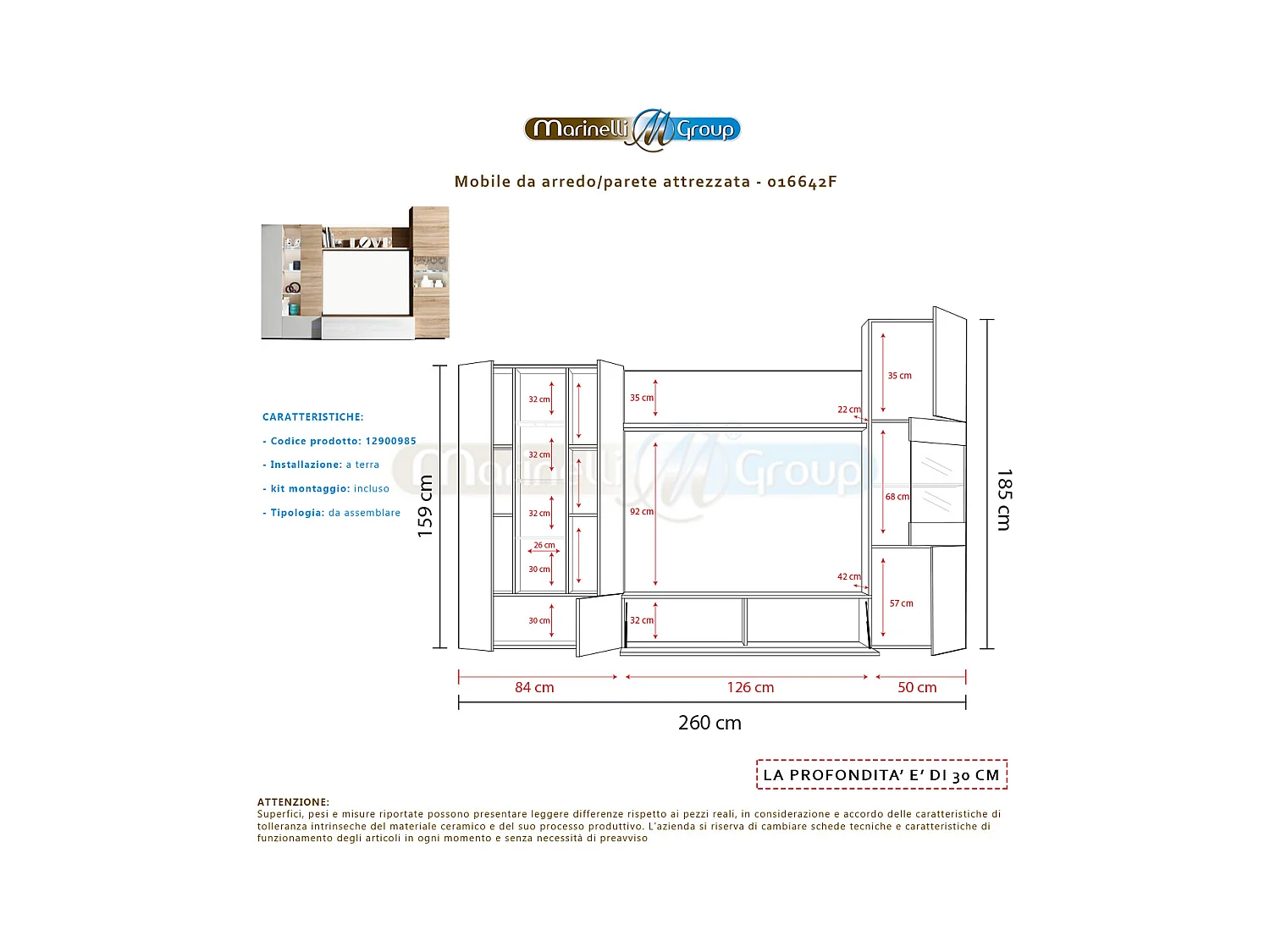 Parete attrezzata soggiorno moderna mobile TV sala pranzo salotto ROVERE 260 X 30 X 185 cm 016642F
