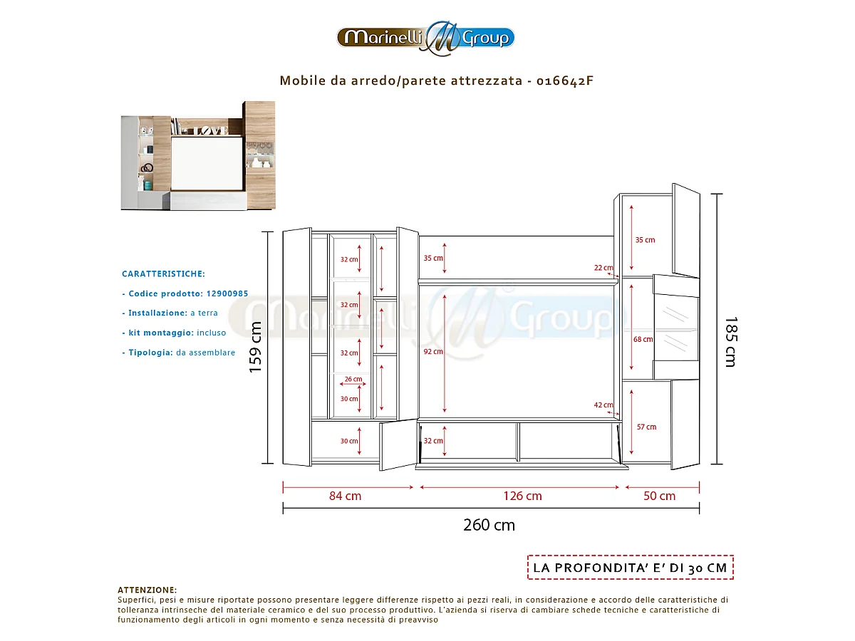 Parete attrezzata soggiorno moderna mobile TV sala pranzo salotto ROVERE 260 X 30 X 185 cm 016642F
