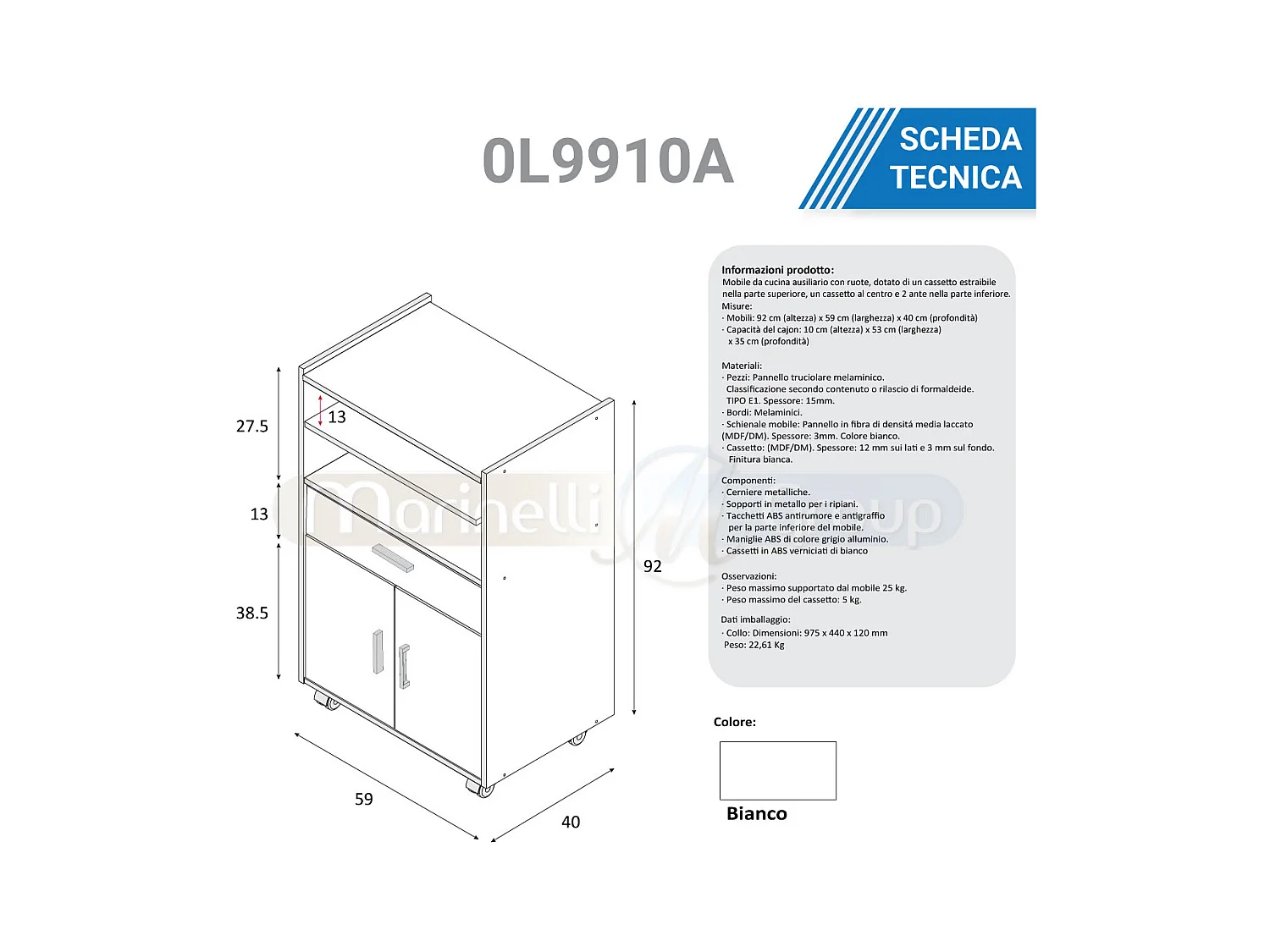 Mobile carrello da cucina porta microonde con ripiani BIANCO + CEMENTO 59 X 40 X 92 cm 0L9910A