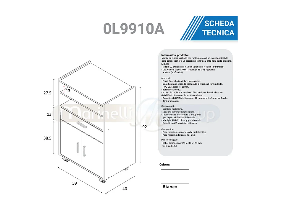 Mobile carrello da cucina porta microonde con ripiani BIANCO + CEMENTO 59 X 40 X 92 cm 0L9910A
