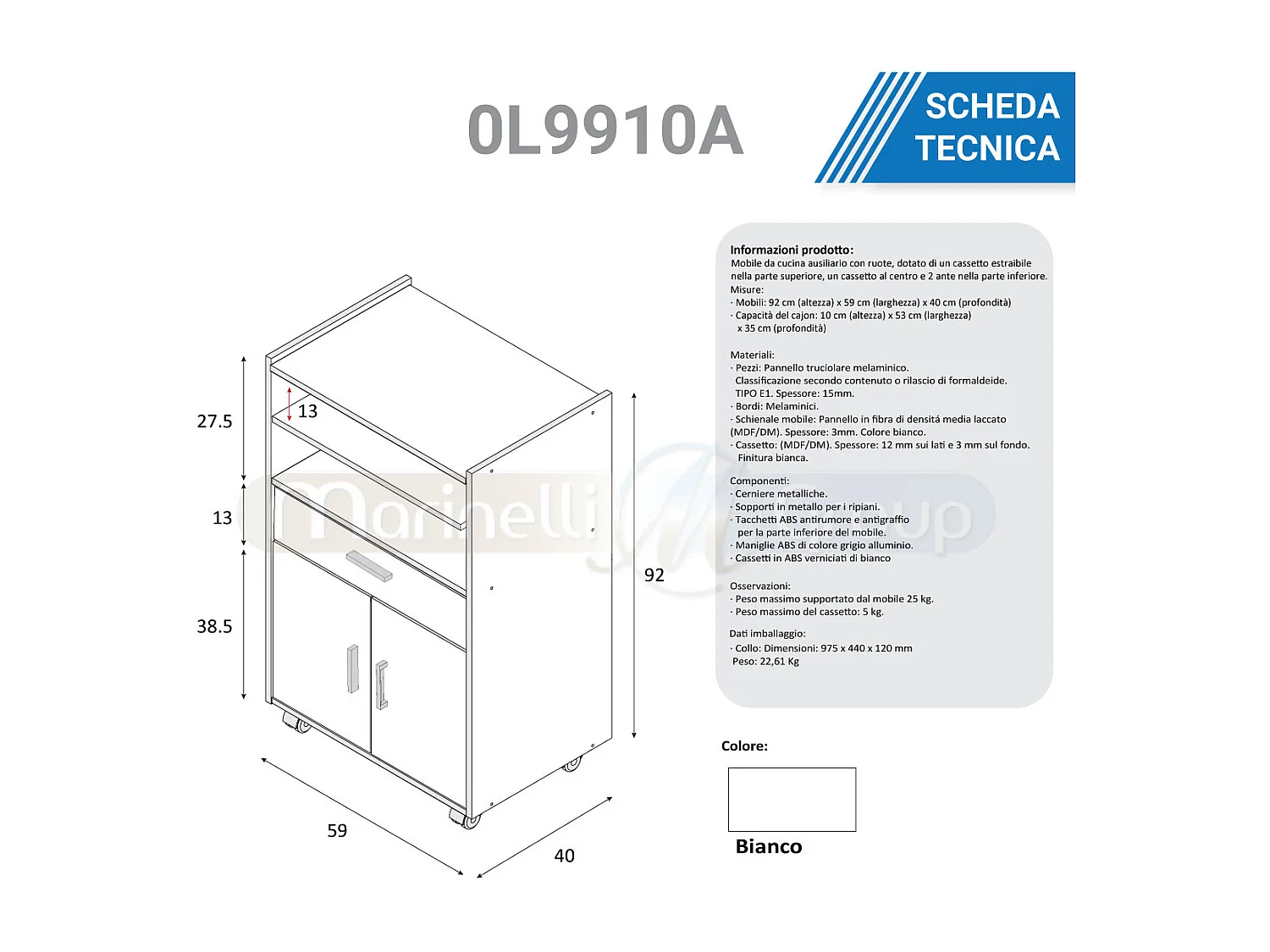 Mobile carrello da cucina porta microonde con ripiani BIANCO + CEMENTO 59 X 40 X 92 cm 0L9910A