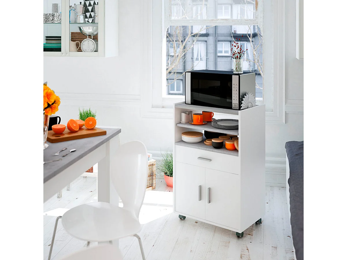 Mobile carrello da cucina porta microonde con ripiani BIANCO + CEMENTO 59 X 40 X 92 cm 0L9910A