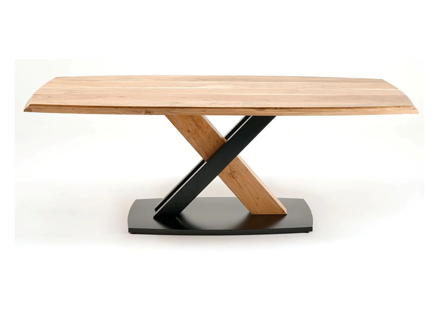 Table de salle à manger rectangulaire en bois d'acacia massif coloris naturel et pieds croisés en métal laqué noir mat