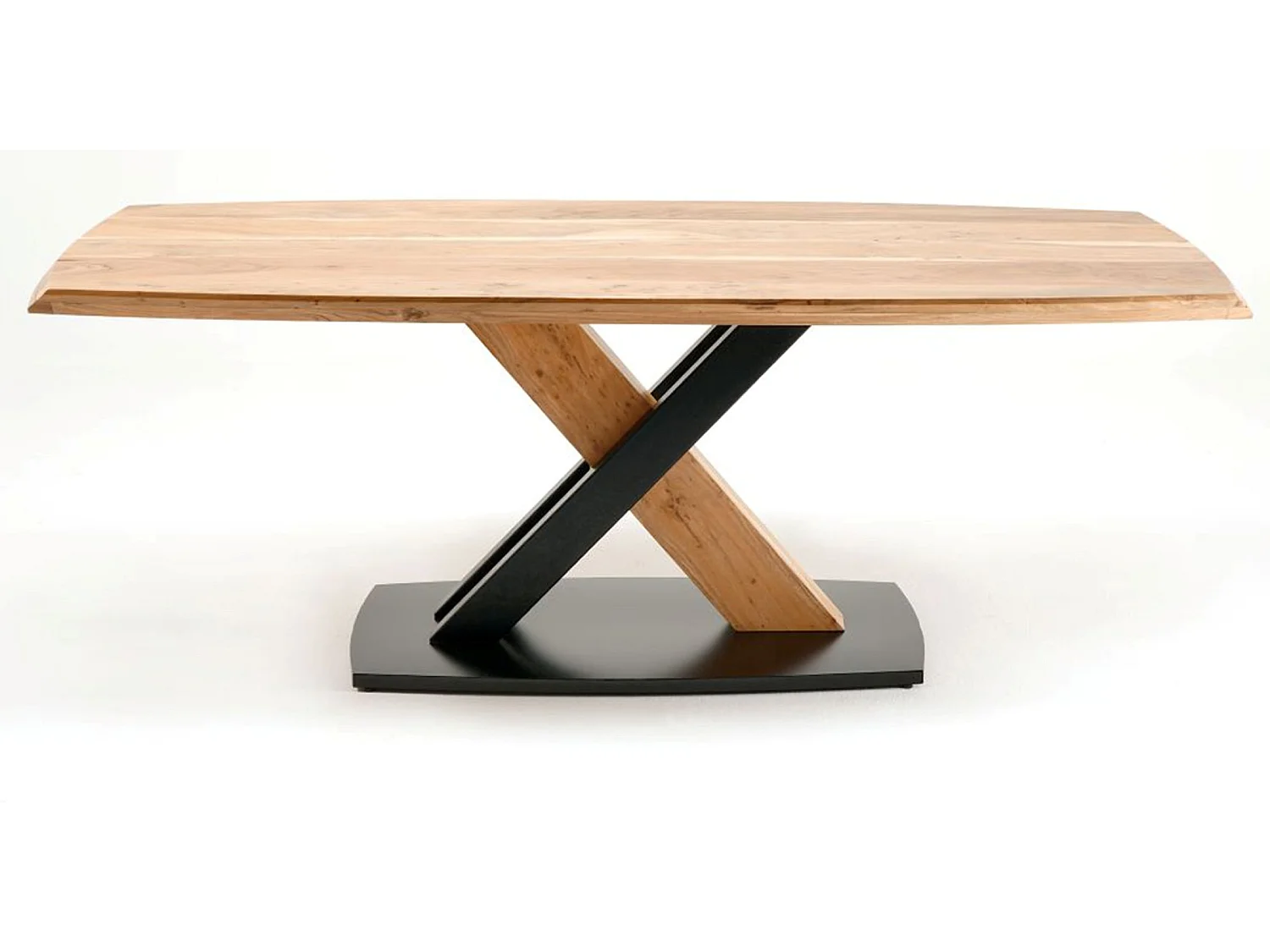 Table de salle à manger rectangulaire en bois d'acacia massif coloris naturel et pieds croisés en métal laqué noir mat