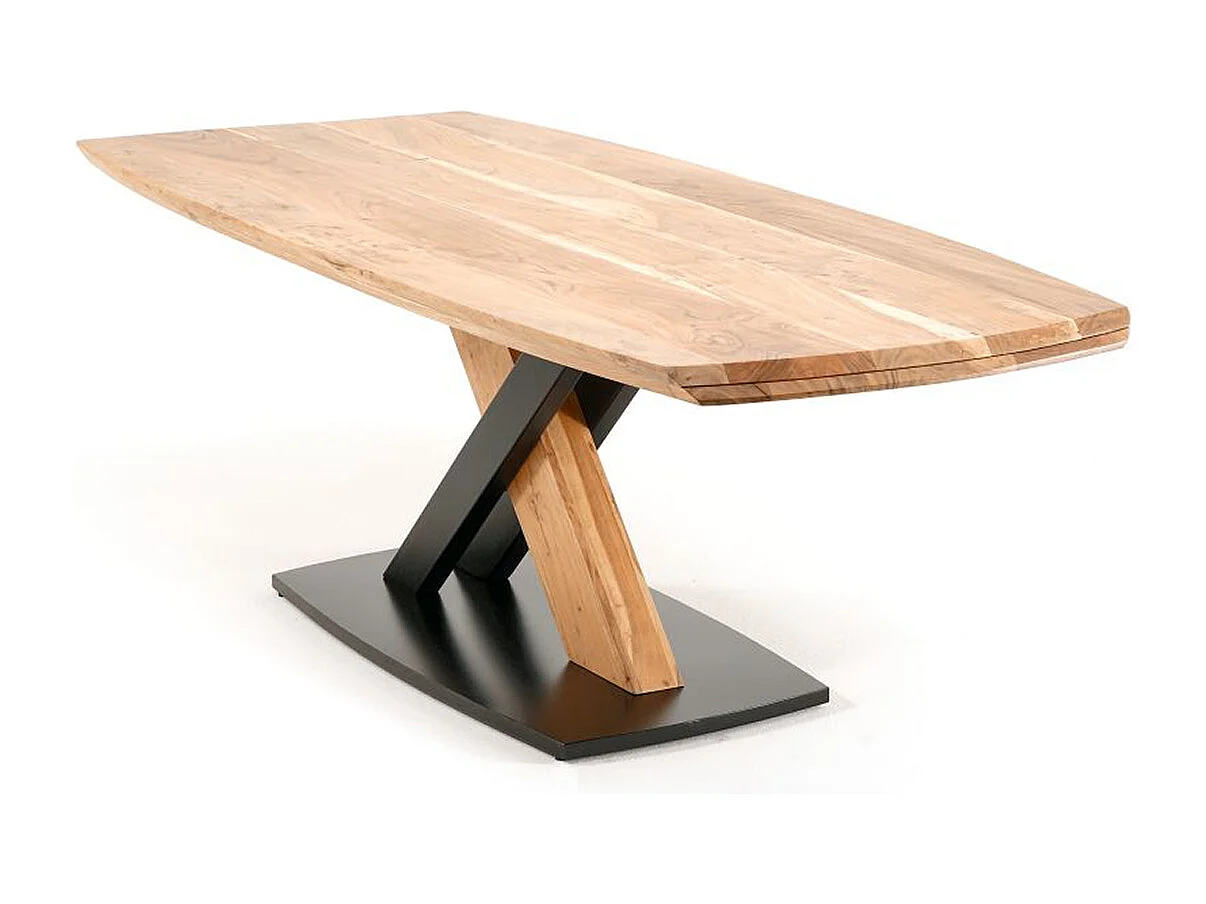 Table de salle à manger rectangulaire en bois d'acacia massif coloris naturel et pieds croisés en métal laqué noir mat