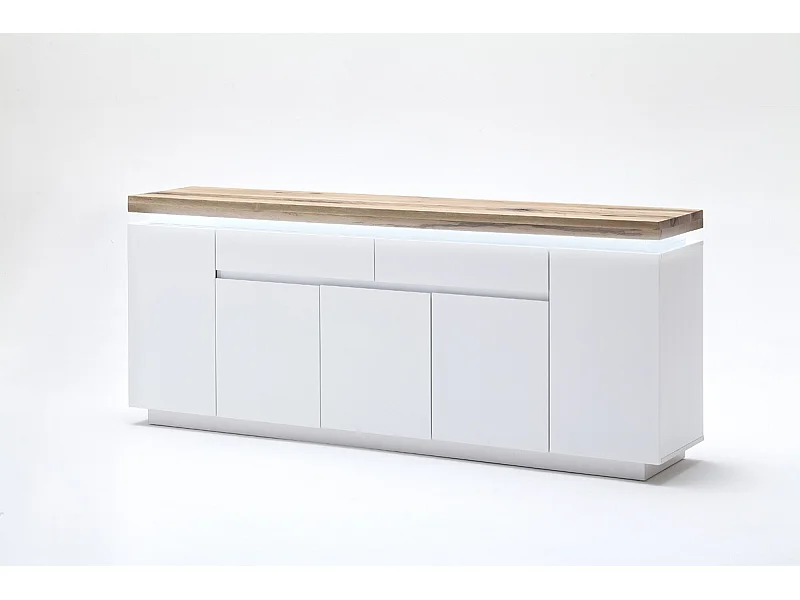 Buffet LED laqué blanc mat avec plateau en chêne noueux huilé - L200 x H81 x P40 cm