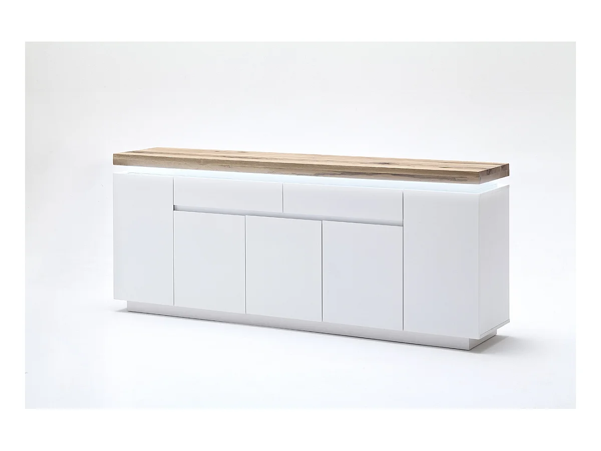 Buffet LED laqué blanc mat avec plateau en chêne noueux huilé - L200 x H81 x P40 cm