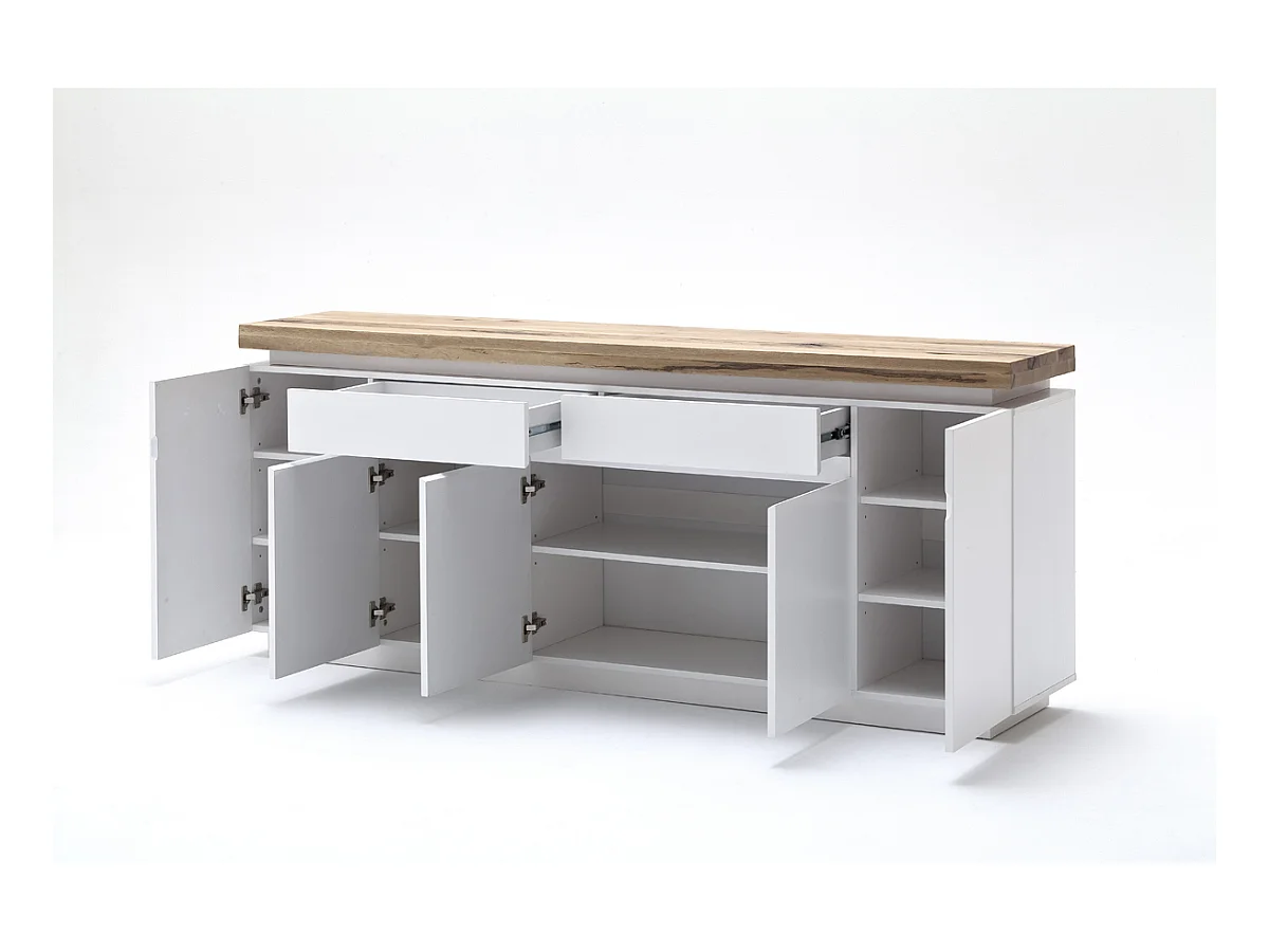 Buffet LED laqué blanc mat avec plateau en chêne noueux huilé - L200 x H81 x P40 cm