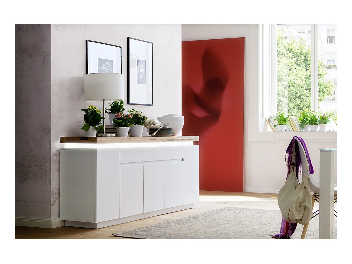 Buffet LED laqué blanc mat avec plateau en chêne noueux huilé - L200 x H81 x P40 cm