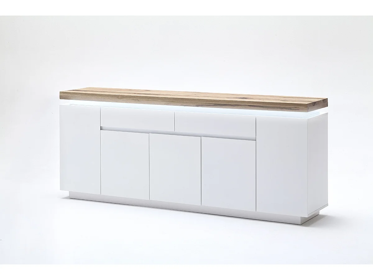 Buffet LED laqué blanc mat avec plateau en chêne noueux huilé - L200 x H81 x P40 cm